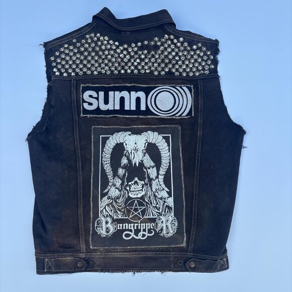 Studded Punk Vest Mens M Black Denim Metal Crust Sunn O Bongripper